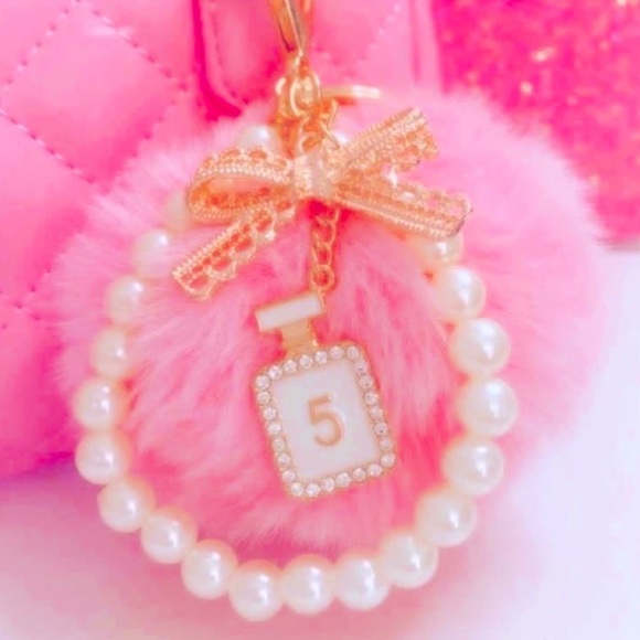 Pink Puff Pearl Keychain Bracelet Wristlet